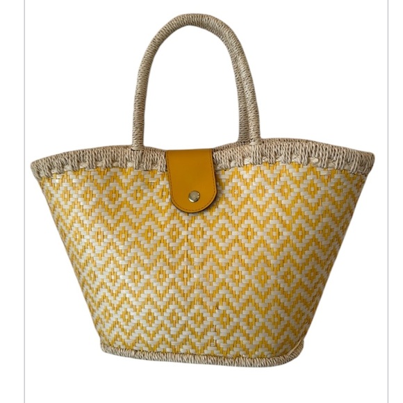White & Yellow Boho Pattern Straw Beach or Tote Bag - Picture 10 of 13
